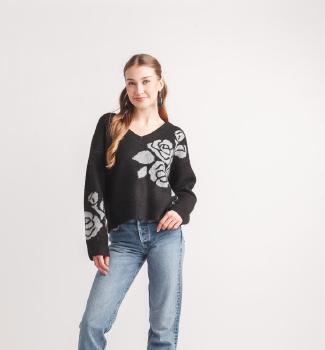 BLACK FLORAL INTARSIA V NECK SWEATER